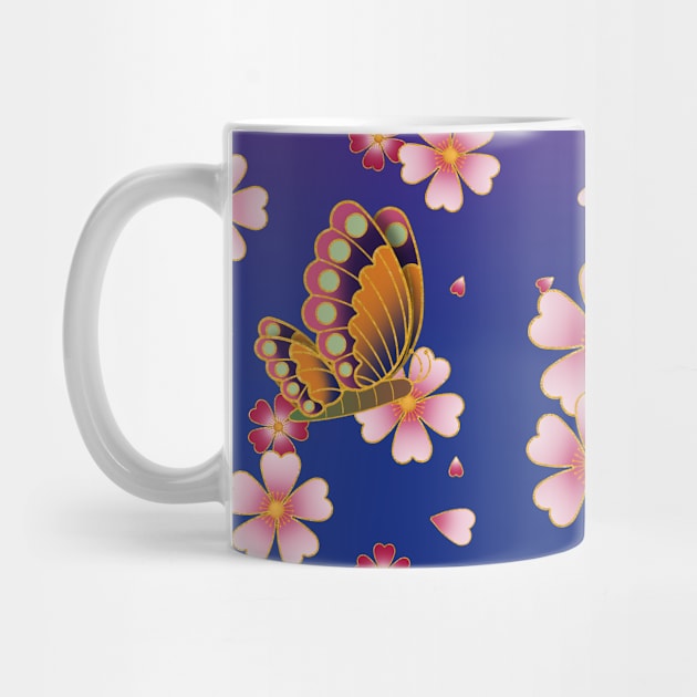 Japanese Butterflies Amid Sakura Blossoms (Blue & Purple) by Mozartini